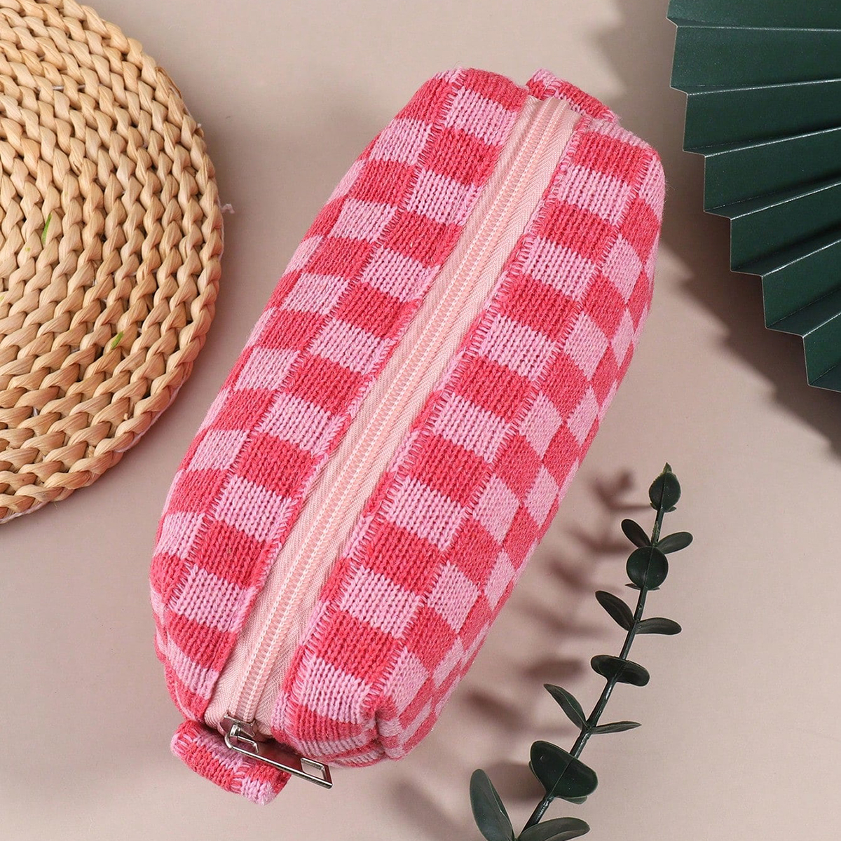 Stationery And Office Supply Stores - 1PC Pink Checkered Single-Layer Pencil Case,